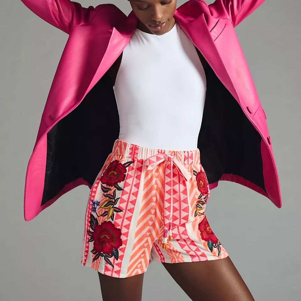 Anthropologie Farm Rio Printed Embroidered Red Pink Drawstring Shorts